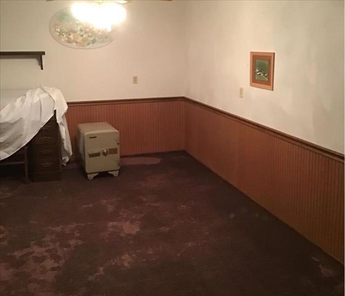 Basement room with red carpet and wooden boards on the walls. There's water stains on carpets.