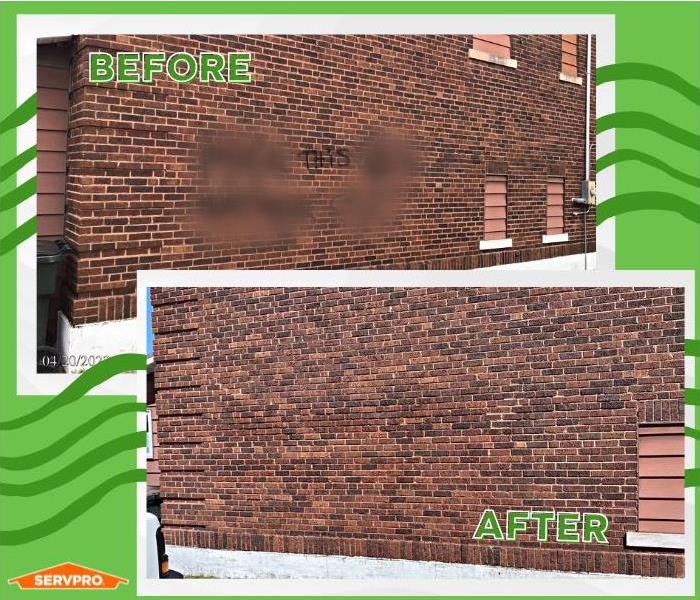 Before and after of graffiti on brick building