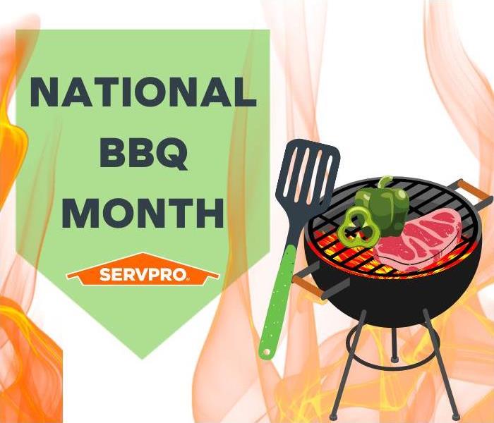 National BBQ Month graphic with flames, grill with food, and SERVPRO logo